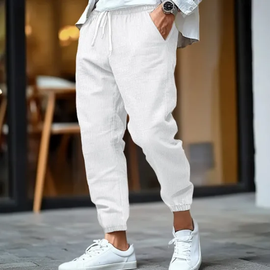 Outlet OUKU Men's Linen Pants Trousers Summer Pants Elastic Waist Straight Leg High Rise Solid Color Comfort Breathable Full Length Business Business Black White Inelastic