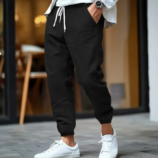 Outlet OUKU Men's Linen Pants Trousers Summer Pants Elastic Waist Straight Leg High Rise Solid Color Comfort Breathable Full Length Business Business Black White Inelastic