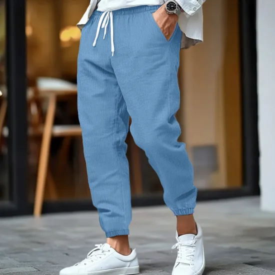 Outlet OUKU Men's Linen Pants Trousers Summer Pants Elastic Waist Straight Leg High Rise Solid Color Comfort Breathable Full Length Business Business Black White Inelastic