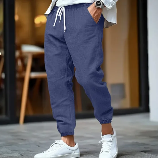 Outlet OUKU Men's Linen Pants Trousers Summer Pants Elastic Waist Straight Leg High Rise Solid Color Comfort Breathable Full Length Business Business Black White Inelastic