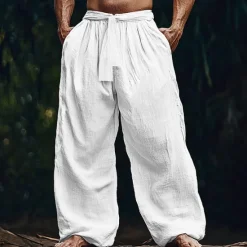 Clearance OUKU Men's Linen Pants Trousers Summer Pants Beach Pants Pocket Drawstring Elastic Waist Plain Comfort Breathable Vacation Daily Holiday Hawaiian Boho White Navy Blue