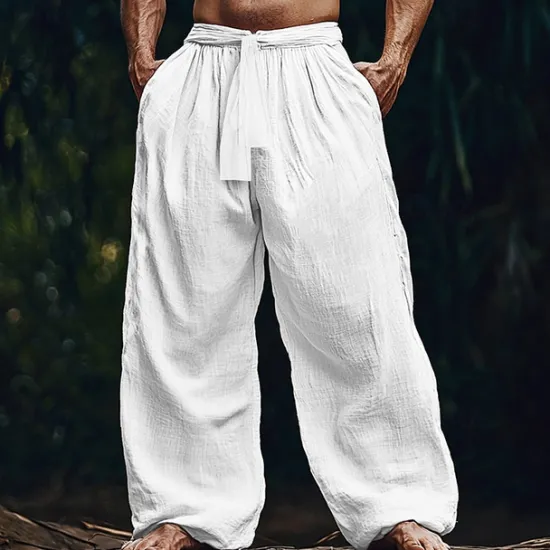 Clearance OUKU Men's Linen Pants Trousers Summer Pants Beach Pants Pocket Drawstring Elastic Waist Plain Comfort Breathable Vacation Daily Holiday Hawaiian Boho White Navy Blue