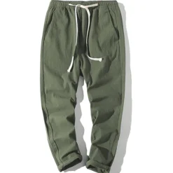 Online OUKU Men's Linen Pants Trousers Summer Pants Beach Pants Straight Pocket Elastic Waist Solid Color Comfort Breathable Ankle-Length Sports Outdoor Daily Casual Casual / Sporty ArmyGreen Black Micro-elastic