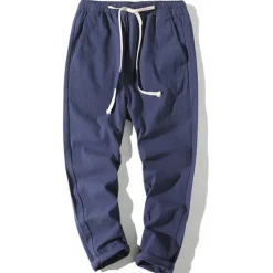 Online OUKU Men's Linen Pants Trousers Summer Pants Beach Pants Straight Pocket Elastic Waist Solid Color Comfort Breathable Ankle-Length Sports Outdoor Daily Casual Casual / Sporty ArmyGreen Black Micro-elastic
