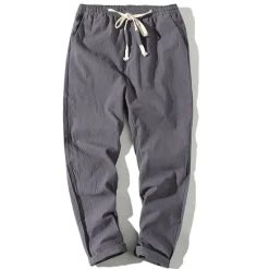 Online OUKU Men's Linen Pants Trousers Summer Pants Beach Pants Straight Pocket Elastic Waist Solid Color Comfort Breathable Ankle-Length Sports Outdoor Daily Casual Casual / Sporty ArmyGreen Black Micro-elastic