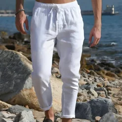 Discount OUKU Men's Linen Pants Trousers Summer Pants Pocket Drawstring Plain Comfort Breathable Ankle-Length Casual Daily Going out Simple Casual Black White Micro-elastic