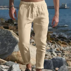 Discount OUKU Men's Linen Pants Trousers Summer Pants Pocket Drawstring Plain Comfort Breathable Ankle-Length Casual Daily Going out Simple Casual Black White Micro-elastic