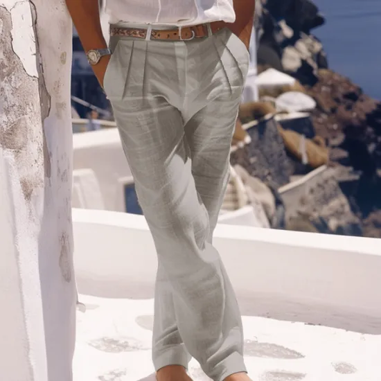 Outlet OUKU Men's Linen Pants Trousers Summer Pants Beach Pants Buttons Pocket Pleats Plain Comfort Breathable Daily Holiday Vacation Hawaiian Boho White Khaki