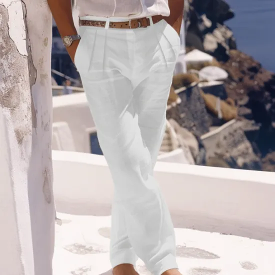 Outlet OUKU Men's Linen Pants Trousers Summer Pants Beach Pants Buttons Pocket Pleats Plain Comfort Breathable Daily Holiday Vacation Hawaiian Boho White Khaki
