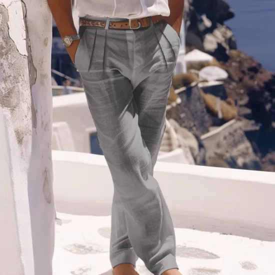 Outlet OUKU Men's Linen Pants Trousers Summer Pants Beach Pants Buttons Pocket Pleats Plain Comfort Breathable Daily Holiday Vacation Hawaiian Boho White Khaki