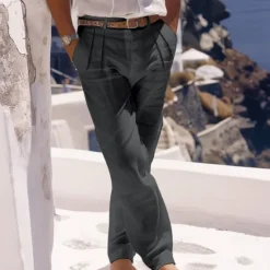 Outlet OUKU Men's Linen Pants Trousers Summer Pants Beach Pants Buttons Pocket Pleats Plain Comfort Breathable Daily Holiday Vacation Hawaiian Boho White Khaki