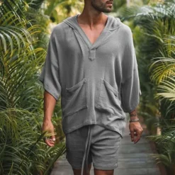 Outlet OUKU Men's Linen Set T-shirt Suits 2 Pieces Outfits Short Sleeve Hooded Summer Plain Fashion Casual 2 Piece Front Pocket Vacation Daily Wear Going out Light Pink Black White Top Tee for Men