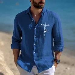 Outlet OUKU Men's Linen Shirt 55% Linen Print Shirt White Long Sleeve Faith Lapel Spring & Fall Outdoor Daily Clothing Apparel Blue