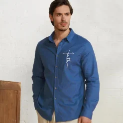 Outlet OUKU Men's Linen Shirt 55% Linen Print Shirt White Long Sleeve Faith Lapel Spring & Fall Outdoor Daily Clothing Apparel Blue