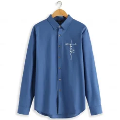 Outlet OUKU Men's Linen Shirt 55% Linen Print Shirt White Long Sleeve Faith Lapel Spring & Fall Outdoor Daily Clothing Apparel Blue