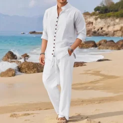 OUKU Men's Linen Shirt 2 Piece Shirt Set Summer Shirt Matching Sets Beach Shirt Plain Vacation Curise Black White Blue Long Sleeve Stand Collar Spring & Summer Clothing Apparel