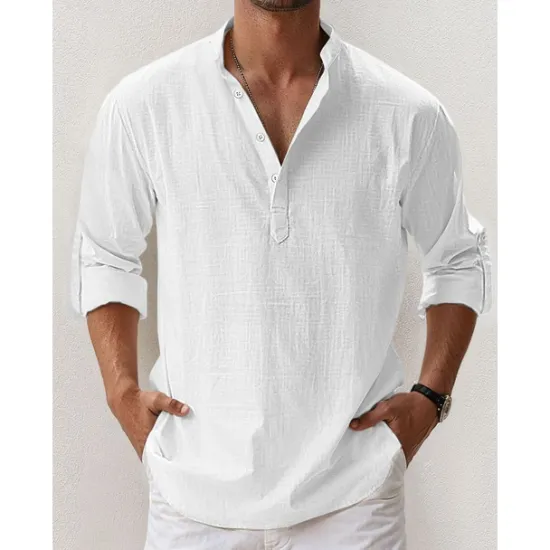 New OUKU Men's Linen Shirt Band Collar Shirt Popover Shirt Summer Shirt Beach Wear Casual Shirt Plain Hawaiian Holiday Black White Pink Blue Long Sleeve Henley Spring & Summer Clothing Apparel