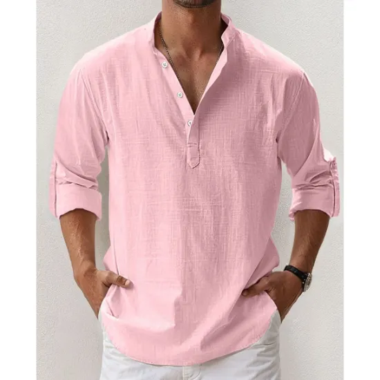 New OUKU Men's Linen Shirt Band Collar Shirt Popover Shirt Summer Shirt Beach Wear Casual Shirt Plain Hawaiian Holiday Black White Pink Blue Long Sleeve Henley Spring & Summer Clothing Apparel