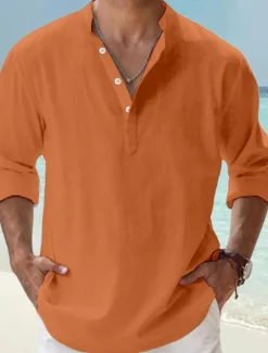 Clearance OUKU Men's Linen Shirt Band Collar Shirt Popover Shirt Casual Shirt Beach Shirt Plain Hawaiian Holiday Black White Pink Blue Long Sleeve Henley Spring & Summer Clothing Apparel