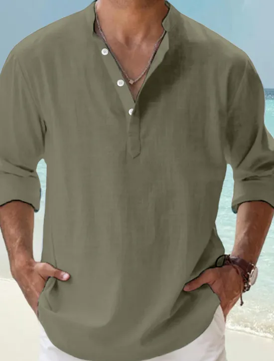 Clearance OUKU Men's Linen Shirt Band Collar Shirt Popover Shirt Casual Shirt Beach Shirt Plain Hawaiian Holiday Black White Pink Blue Long Sleeve Henley Spring & Summer Clothing Apparel