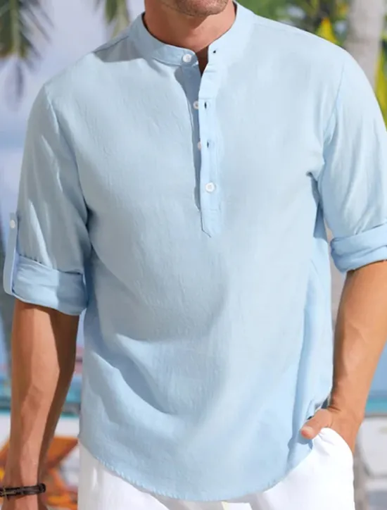 Clearance OUKU Men's Linen Shirt Band Collar Shirt Popover Shirt Casual Shirt Beach Shirt Plain Hawaiian Holiday Black White Pink Blue Long Sleeve Henley Spring & Summer Clothing Apparel