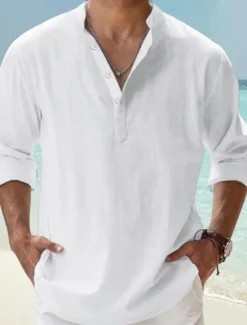 Clearance OUKU Men's Linen Shirt Band Collar Shirt Popover Shirt Casual Shirt Beach Shirt Plain Hawaiian Holiday Black White Pink Blue Long Sleeve Henley Spring & Summer Clothing Apparel