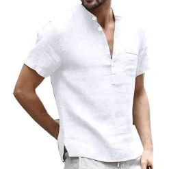 Discount OUKU Men's Linen Shirt Band Collar Shirt Summer Shirt Beach Wear Casual Shirt Solid Color Outdoor Street Black White Light Green Blue Short Sleeve Henley Summer Spring Clothing Apparel Button-Down