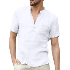 Discount OUKU Men's Linen Shirt Band Collar Shirt Summer Shirt Beach Wear Casual Shirt Solid Color Outdoor Street Black White Light Green Blue Short Sleeve Henley Summer Spring Clothing Apparel Button-Down