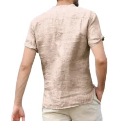 Discount OUKU Men's Linen Shirt Band Collar Shirt Summer Shirt Beach Wear Casual Shirt Solid Color Outdoor Street Black White Light Green Blue Short Sleeve Henley Summer Spring Clothing Apparel Button-Down