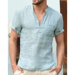 Discount OUKU Men's Linen Shirt Band Collar Shirt Summer Shirt Beach Wear Casual Shirt Solid Color Outdoor Street Black White Light Green Blue Short Sleeve Henley Summer Spring Clothing Apparel Button-Down