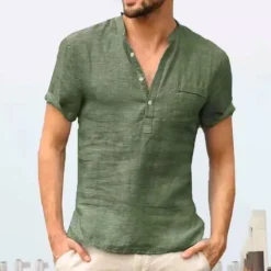 Discount OUKU Men's Linen Shirt Band Collar Shirt Summer Shirt Beach Wear Casual Shirt Solid Color Outdoor Street Black White Light Green Blue Short Sleeve Henley Summer Spring Clothing Apparel Button-Down