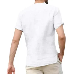 Discount OUKU Men's Linen Shirt Band Collar Shirt Summer Shirt Beach Wear Casual Shirt Solid Color Outdoor Street Black White Light Green Blue Short Sleeve Henley Summer Spring Clothing Apparel Button-Down