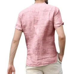 Discount OUKU Men's Linen Shirt Band Collar Shirt Summer Shirt Beach Wear Casual Shirt Solid Color Outdoor Street Black White Light Green Blue Short Sleeve Henley Summer Spring Clothing Apparel Button-Down