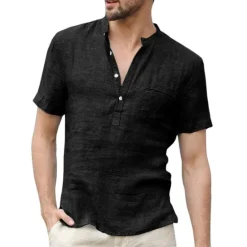 Discount OUKU Men's Linen Shirt Band Collar Shirt Summer Shirt Beach Wear Casual Shirt Solid Color Outdoor Street Black White Light Green Blue Short Sleeve Henley Summer Spring Clothing Apparel Button-Down