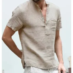 Discount OUKU Men's Linen Shirt Band Collar Shirt Summer Shirt Beach Wear Casual Shirt Solid Color Outdoor Street Black White Light Green Blue Short Sleeve Henley Summer Spring Clothing Apparel Button-Down