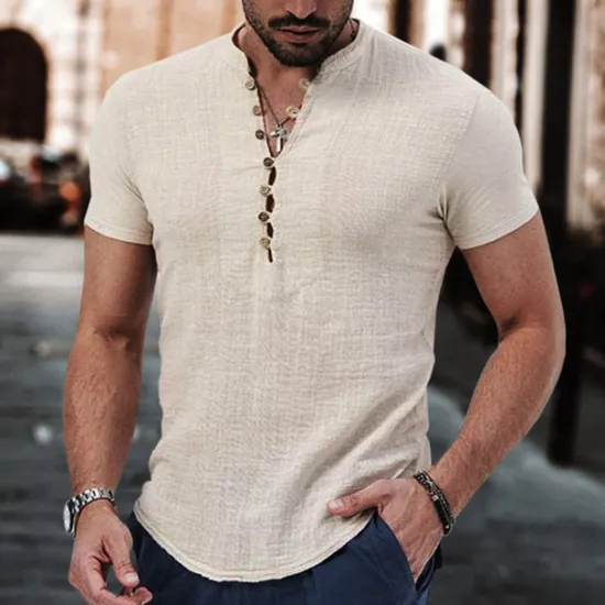 Sale OUKU Men's Linen Shirt Band Collar Shirt Popover Shirt Summer Shirt Beach Wear Casual Shirt Plain Vacation Casual Black White Pink Wine Short Sleeve V Neck Summer Clothing Apparel