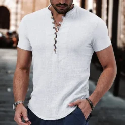 Sale OUKU Men's Linen Shirt Band Collar Shirt Popover Shirt Summer Shirt Beach Wear Casual Shirt Plain Vacation Casual Black White Pink Wine Short Sleeve V Neck Summer Clothing Apparel