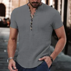 Sale OUKU Men's Linen Shirt Band Collar Shirt Popover Shirt Summer Shirt Beach Wear Casual Shirt Plain Vacation Casual Black White Pink Wine Short Sleeve V Neck Summer Clothing Apparel