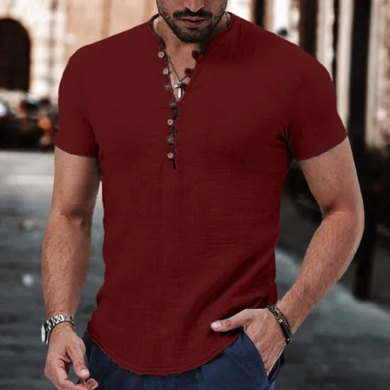 Sale OUKU Men's Linen Shirt Band Collar Shirt Popover Shirt Summer Shirt Beach Wear Casual Shirt Plain Vacation Casual Black White Pink Wine Short Sleeve V Neck Summer Clothing Apparel