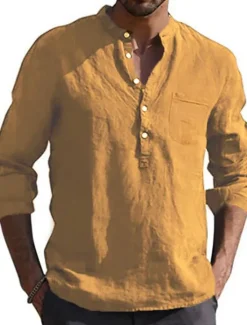 Clearance OUKU Men's Linen Shirt Band Collar Shirt Summer Shirt Beach Wear Solid Color Daily Hawaiian Black White Wine Navy Blue Long Sleeve Henley Spring & Fall Clothing Apparel Collared Shirts