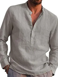 Clearance OUKU Men's Linen Shirt Band Collar Shirt Summer Shirt Beach Wear Solid Color Daily Hawaiian Black White Wine Navy Blue Long Sleeve Henley Spring & Fall Clothing Apparel Collared Shirts