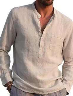 Clearance OUKU Men's Linen Shirt Band Collar Shirt Summer Shirt Beach Wear Solid Color Daily Hawaiian Black White Wine Navy Blue Long Sleeve Henley Spring & Fall Clothing Apparel Collared Shirts