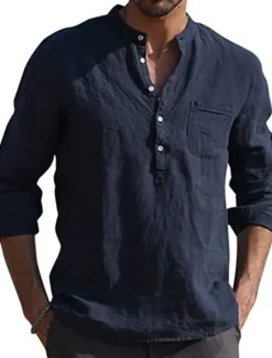 Clearance OUKU Men's Linen Shirt Band Collar Shirt Summer Shirt Beach Wear Solid Color Daily Hawaiian Black White Wine Navy Blue Long Sleeve Henley Spring & Fall Clothing Apparel Collared Shirts