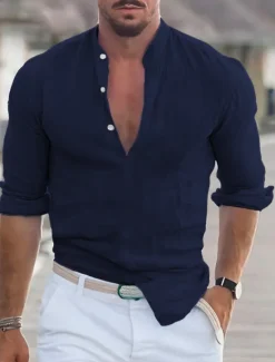 Sale OUKU Men's Linen Shirt Band Collar Shirt Popover Shirt Casual Shirt Plain Vacation Curise Black White Pink Navy Blue Long Sleeve Collar Spring & Summer Clothing Apparel