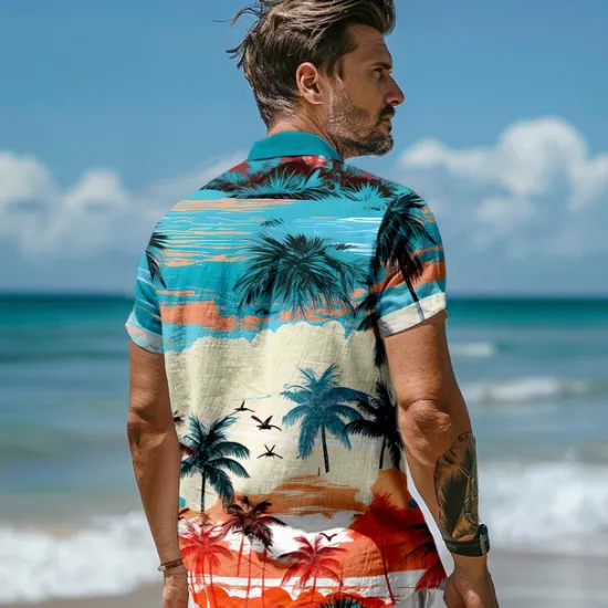 Online OUKU Men's Linen Shirt Beach Shirt Summer Hawaiian Shirt Coconut Tree Performance Vacation Navy Blue Sky Blue Short Sleeve Turndown Summer Spring Clothing Apparel