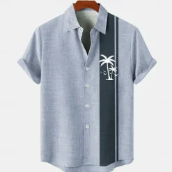 Hot OUKU Men's Linen Shirt Beach Shirt Summer Hawaiian Shirt Coconut Tree Outdoor Vacation Blue Brown Green Short Sleeve Stand Collar Summer Spring Clothing Apparel Print