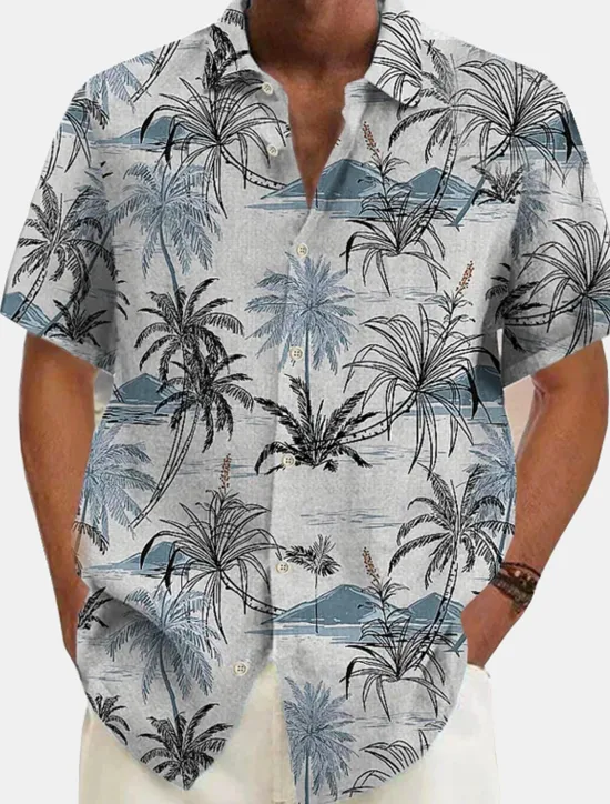 New OUKU Men's Linen Shirt Beach Shirt Summer Hawaiian Shirt Button Up Shirt Coconut Tree Vacation Hawaiian White Green Khaki Dark Blue Short Sleeve Lapel Spring & Summer Clothing Apparel Print