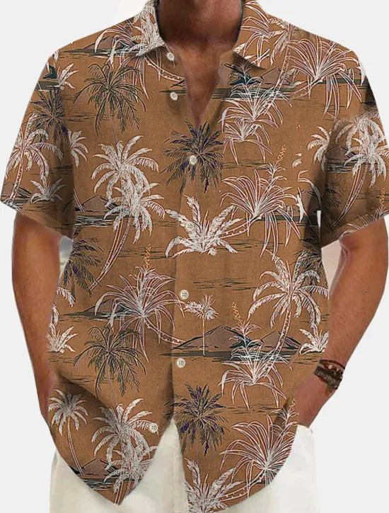New OUKU Men's Linen Shirt Beach Shirt Summer Hawaiian Shirt Button Up Shirt Coconut Tree Vacation Hawaiian White Green Khaki Dark Blue Short Sleeve Lapel Spring & Summer Clothing Apparel Print