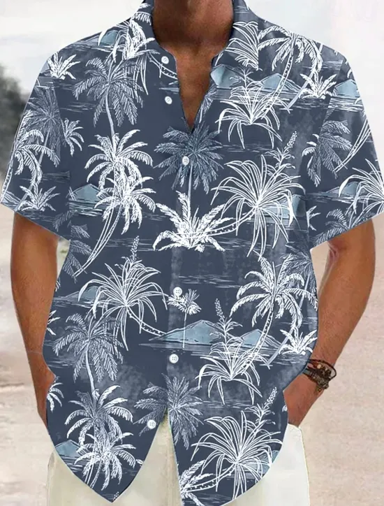 New OUKU Men's Linen Shirt Beach Shirt Summer Hawaiian Shirt Button Up Shirt Coconut Tree Vacation Hawaiian White Green Khaki Dark Blue Short Sleeve Lapel Spring & Summer Clothing Apparel Print