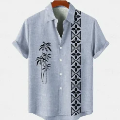 Online OUKU Men's Linen Shirt Beach Shirt Summer Hawaiian Shirt Coconut Tree Outdoor Vacation Blue Brown Green Short Sleeve Stand Collar Summer Spring Clothing Apparel Print